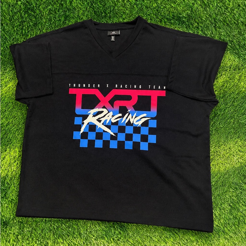 H&M Black V-Neck Racing Graphic Tee with Red & Blue Print